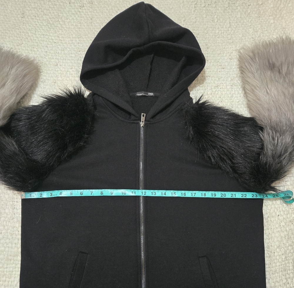 ZARA Black Zippered Hoodie Sweater Black Gray Ombre Faux Fur Sleeves Medium - Picture 12 of 15